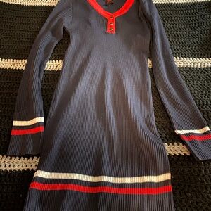 Yoki Blue Sweater Dress with Long Sleeves and V-Neck